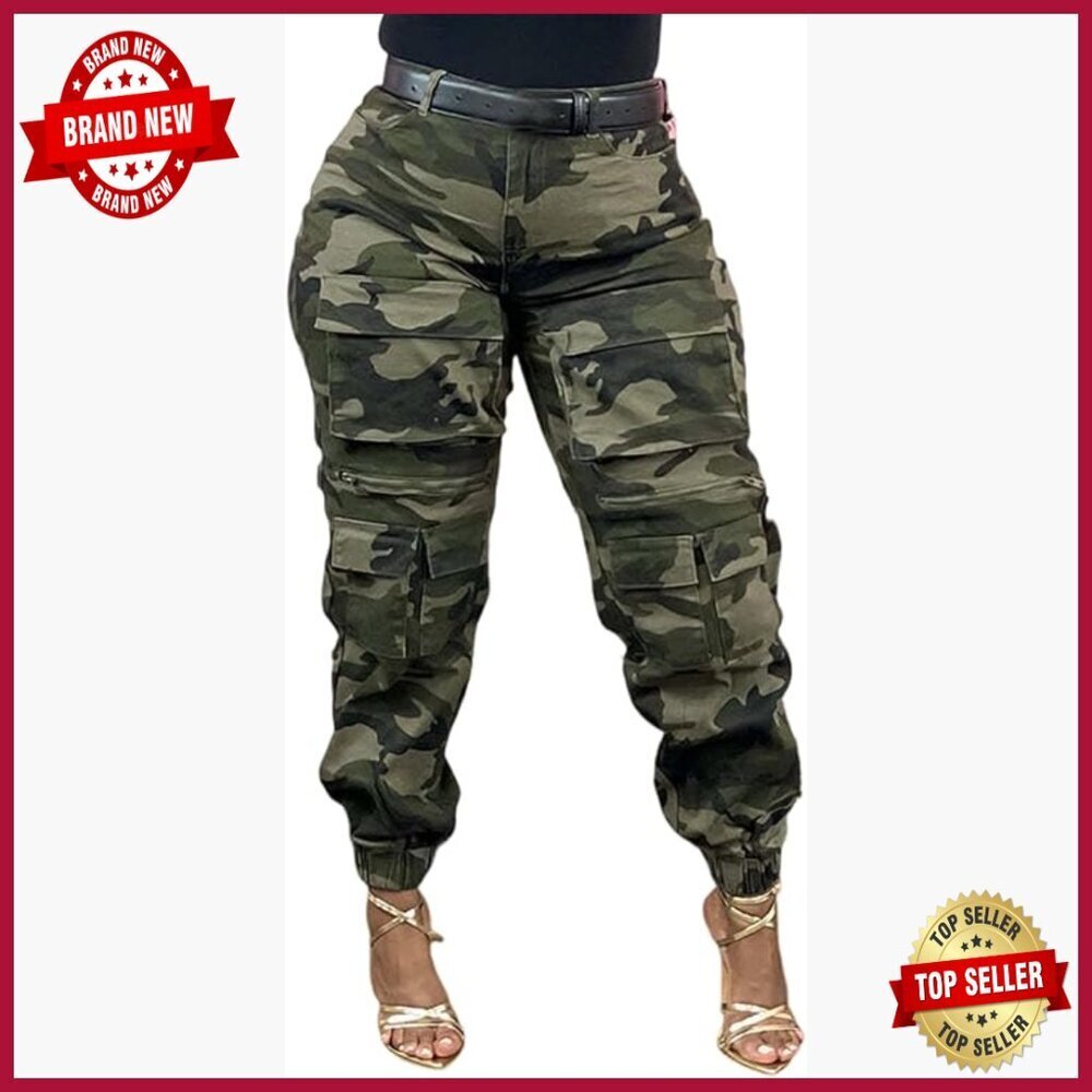 Women's Camo Cargo Joggers High Waisted Wide Leg Multi Pocket Army Pants
